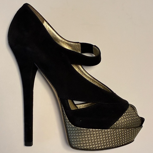 Fendi Black and Gold Peep-Toe Heels - Picture 1 of 8